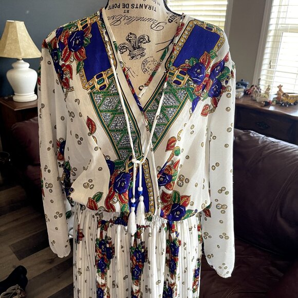 Vintage 80's DIANE FREIS Boho Dress Georgette Midi Floral Paisley Scarf M/L - Picture 8 of 16